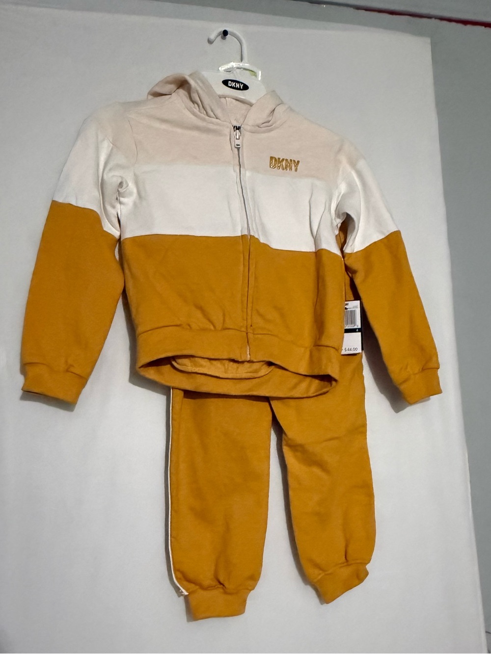 DKNY kids yellow and white zip up hoodie and sweatpants set size 4T